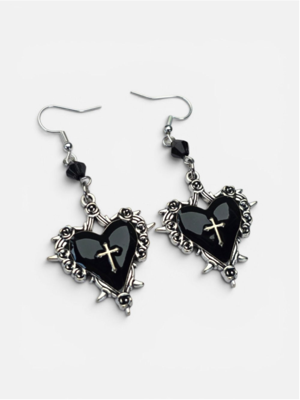 Gothic Black Heart Cross Thorn Dangle Earrings